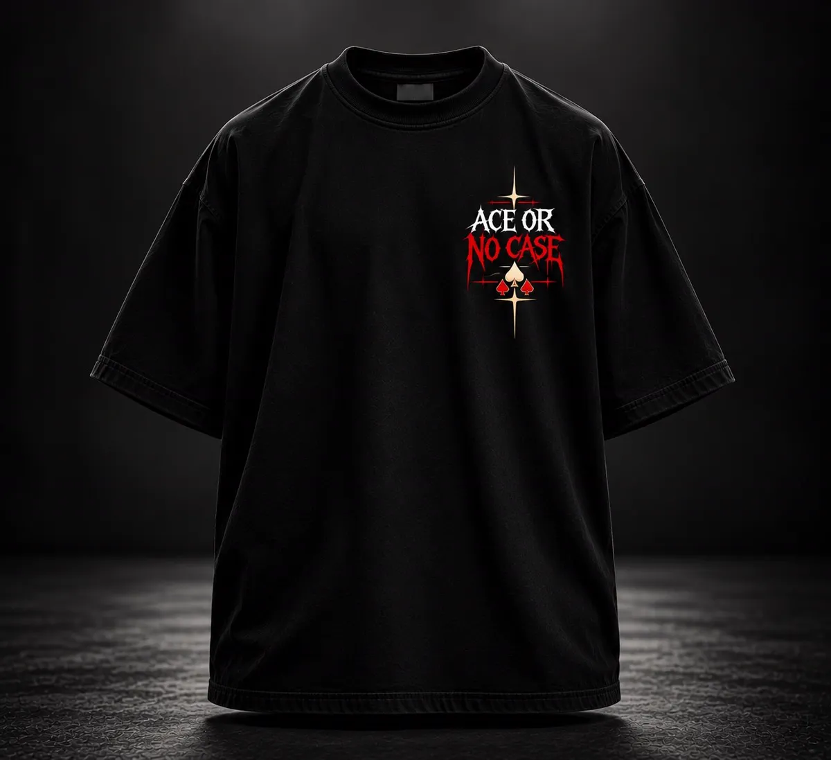 Black oversized T-shirt, front: small ACE OR NO CASE chest print with spade accents