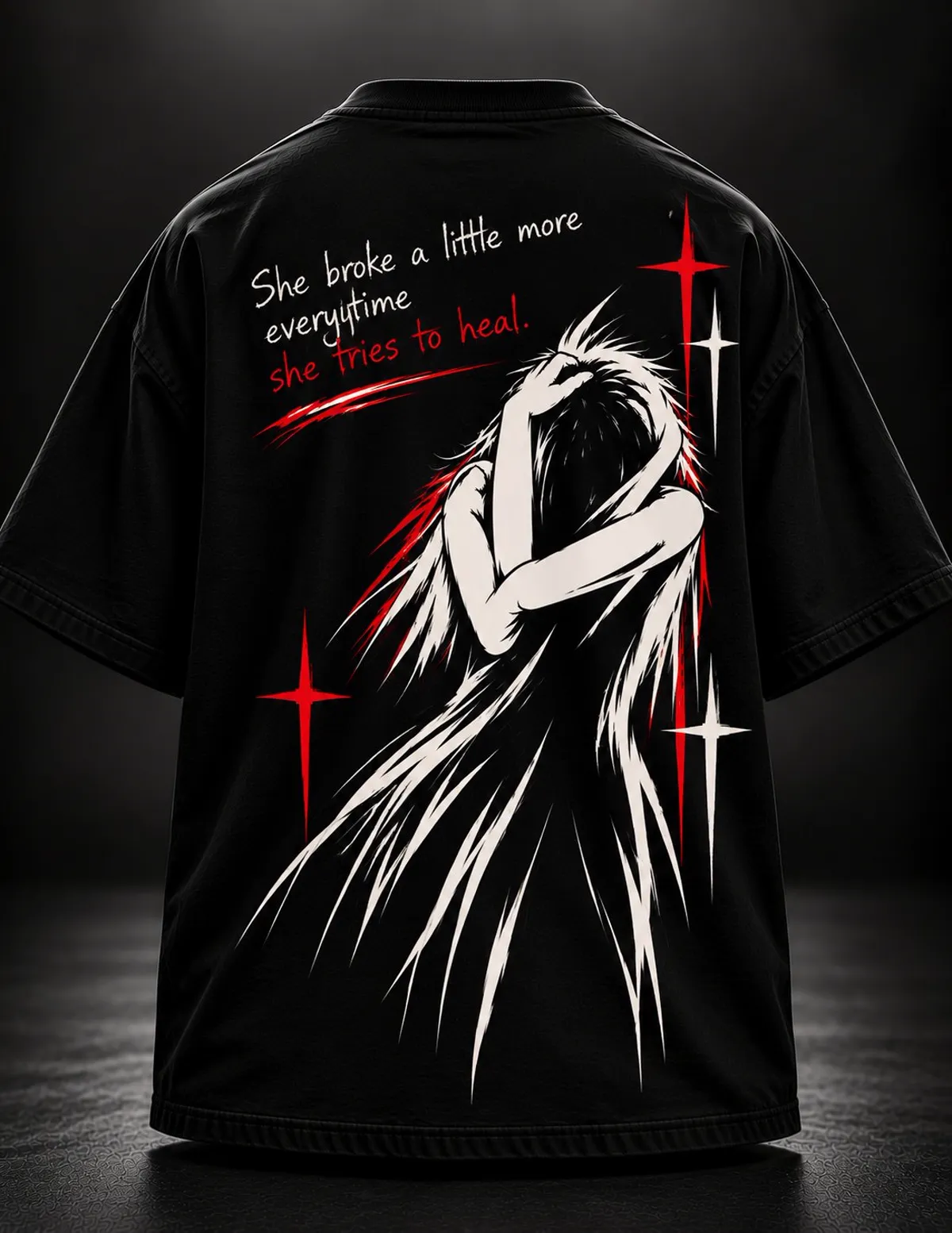 Black oversized T-shirt, back: large distressed-girl illustration with handwritten quote