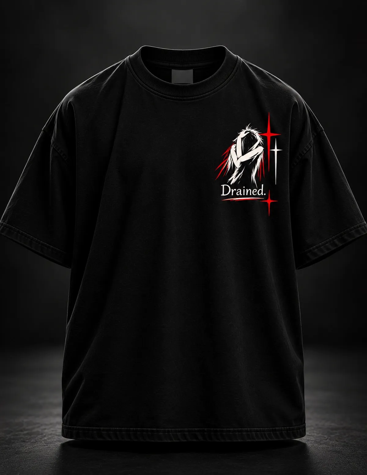 Black oversized T-shirt, front: small Drained chest print with figure and red accents