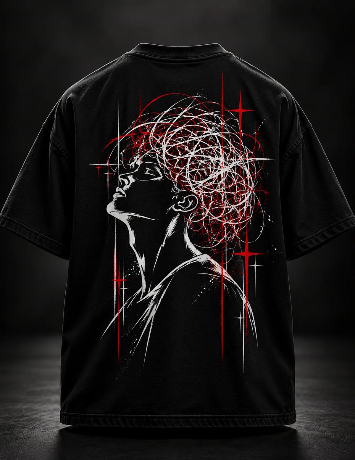 Black oversized T-shirt, back: head silhouette with tangled red and white linework